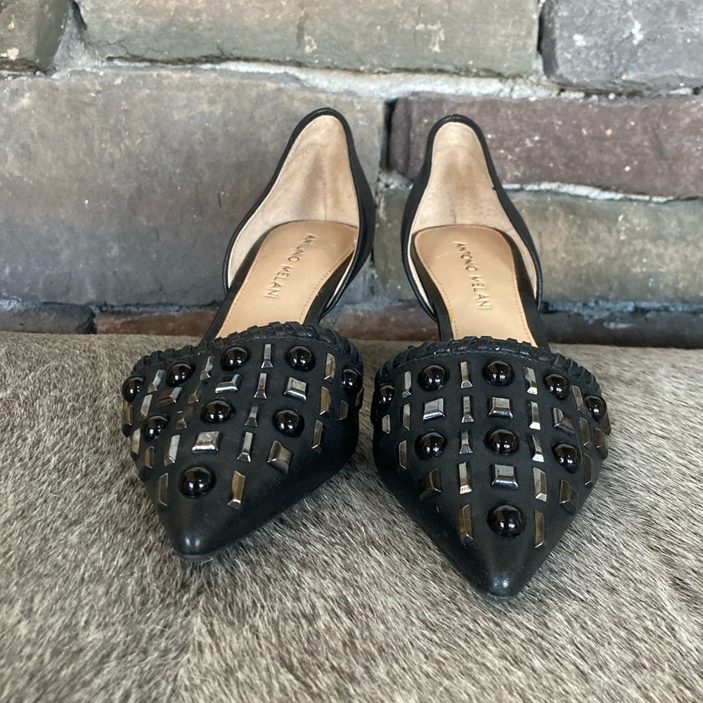 Antonio Melani Vivica Black Leather Pointed Toe Stud Kitten Heel - Picture 6 of 12